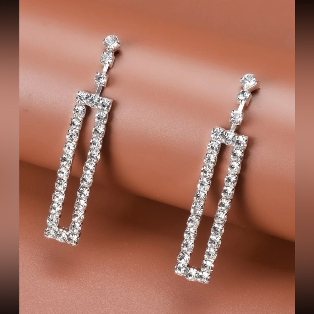 Rectangle, Rhinestone Decor, Drop Earrings